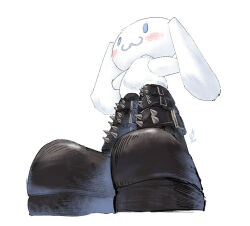 Rule 34 | :3, arms at sides, black footwear, blush stickers, boots, cinnamoroll, footwear focus, from below, highres, marote03, no humans, rabbit, sanrio, simple background, spiked boots, white background