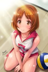 Rule 34 | 10s, 1girl, alternate costume, artist name, ball, closed mouth, day, from above, girls und panzer, haruhata mutsuki, looking at viewer, looking up, nishizumi miho, red shirt, red shorts, red socks, shirt, short hair, short shorts, shorts, signature, sitting, sleeveless, sleeveless shirt, smile, socks, solo, sportswear, sunlight, twitter username, v arms, volleyball (object), volleyball uniform, wariza