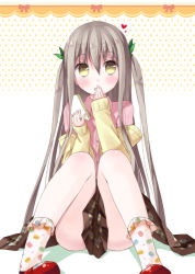 Rule 34 | 1girl, bobby socks, chm (macharge), covering own mouth, food, food-themed clothes, food print, hair ornament, heart, long hair, macaron, mary janes, original, print socks, sandwich, shoes, silver hair, sitting, skirt, socks, solo, twintails, two side up, yellow eyes