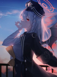 Rule 34 | 1girl, absurdres, bag, black hat, black skirt, blue archive, braid, breasts, clothes writing, cloud, commentary request, dodari, evening, finger sucking, from side, halo, haruna (blue archive), hat, heart, highres, holding, holding bag, jacket, jacket on shoulders, long hair, long sleeves, looking at viewer, outdoors, paper bag, railing, red eyes, shirt, side braid, silver hair, skirt, sky, solo, upper body, white shirt, wings
