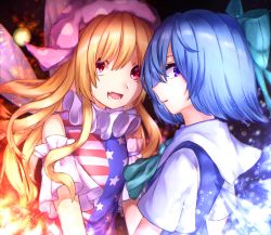 Rule 34 | 2girls, american flag shirt, black background, blonde hair, blue bow, blue dress, blue hair, blue shirt, bow, breasts, cirno, clownpiece, collar, detached sleeves, dress, fairy wings, fire, hair between eyes, hat, highres, ice, ice wings, jester cap, long hair, looking at viewer, medium breasts, mozuno (mozya 7), multicolored clothes, multicolored shirt, multiple girls, open mouth, pink eyes, pink headwear, purple eyes, red shirt, shirt, short hair, short sleeves, simple background, sleeveless, sleeveless shirt, smile, star (symbol), star print, striped clothes, striped shirt, touhou, white shirt, white sleeves, wings