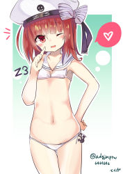 Rule 34 | absurdres, anchor, beret, bikini, character name, finger to cheek, flat chest, hand on own hip, hat, highres, kantai collection, navel, red eyes, red hair, solo, swimsuit, te toga, white bikini, z3 max schultz (kancolle)