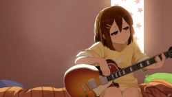 Rule 34 | 1girl, bed, brown eyes, brown hair, electric guitar, gibson les paul, guitar, hair between eyes, hair ornament, hairclip, highres, hirasawa yui, indoors, instrument, justin leyva (steamy tomato), k-on!, knees, light rays, on bed, pillow, shadow, shirt, signature, sitting, sleeves pushed up, solo, star (symbol), wall
