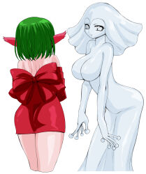 Rule 34 | 2girls, alternate breast size, artist request, bare shoulders, bishoujo senshi sailor moon, bishoujo senshi sailor moon s, bishoujo senshi sailor moon s the movie: kaguya-hime no koibito, breasts, daimon (sailor moon), demon girl, dress, green hair, hair ornament, highres, large breasts, looking at viewer, monster girl, multiple girls, narrow waist, no ears, no humans, pointy ears, red dress, red ribbon, ribbon, scar (sailor moon), shiny skin, smile, snow dancer (sailor moon), white background, wide hips