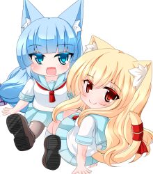 Rule 34 | 2girls, :d, animal ear fluff, animal ears, blonde hair, blue eyes, blue hair, blue sailor collar, blue skirt, bow, brown footwear, brown pantyhose, cat ears, cat girl, cat tail, chibi, closed mouth, commentary request, hair between eyes, hair bow, kanijiru, loafers, long hair, looking at viewer, looking to the side, multiple girls, open mouth, original, pantyhose, pleated skirt, purple bow, red eyes, red ribbon, ribbon, sailor collar, school uniform, serafuku, shirt, shoe soles, shoes, short sleeves, signature, simple background, sitting, skirt, smile, socks, tail, tail ornament, tail ribbon, very long hair, white background, white shirt, white socks