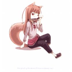 Rule 34 | 00s, 1girl, animal ears, ayakura juu, eating, fish, holo, novel illustration, official art, scan, solo, spice and wolf, tail, wolf ears, wolf tail