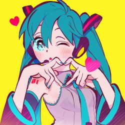 1girl 4-finger_heart_hands black_sleeves blue_eyes blue_hair blue_nails blue_necktie blush collared_shirt commentary_request detached_sleeves grey_shirt hatsune_miku heart heart_hands highres korean_commentary long_hair long_sleeves looking_at_viewer necktie one_eye_closed open_mouth shirt simple_background sleeveless sleeveless_shirt solo triangle_mouth twintails upper_body vivinos vocaloid yellow_background