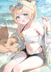 Rule 34 | 1girl, :d, absurdres, animal, bandaged leg, bandages, bare shoulders, black shorts, blonde hair, blush, chest sarashi, commentary, eyewear on head, highres, hololive, kazama iroha, looking at viewer, off shoulder, open mouth, ryuya, sarashi, short shorts, shorts, sitting, smile, sunglasses, symbol-only commentary, thighs, virtual youtuber