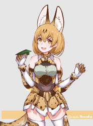 Rule 34 | 10s, 1girl, :d, adapted costume, animal ears, bare shoulders, blonde hair, bob cut, commentary, cowboy shot, disco brando, elbow gloves, extra ears, gloves, grey background, hair between eyes, head tilt, highres, kemono friends, looking at viewer, open mouth, print skirt, serval (kemono friends), serval print, serval tail, skirt, sleeveless, smile, solo, tail, thighhighs, twitter username, yellow eyes, zettai ryouiki