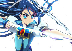 Rule 34 | 1girl, blue eyes, blue hair, blue vest, bow (weapon), brooch, closed mouth, cure aqua, drawing bow, holding, holding bow (weapon), holding weapon, jewelry, long hair, looking away, magical girl, minazuki karen, ponytail, precure, puffy sleeves, serious, signature, simple background, solo, split mouth, tomo5656ky, upper body, vest, weapon, white background, yes! precure 5, yes! precure 5 gogo!