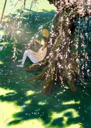 Rule 34 | 2girls, blonde hair, blurry, blurry foreground, brown hair, cardigan, cherry blossoms, commentary request, day, depth of field, grey pants, highres, looking at viewer, loundraw, multiple girls, original, outdoors, pants, shade, shoes, sitting, tree, tree shade, under tree