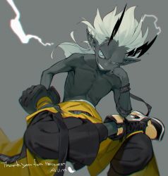 Rule 34 | 1boy, absurdres, amrkdrw, baggy pants, barbell piercing, black skin, blue eyes, boots, chromatic aberration, colored skin, commission, crossed legs, demon boy, ear piercing, earrings, electricity, english text, fingernails, glowing, glowing eyes, grey background, grin, head rest, highres, horns, industrial piercing, jewelry, long fingernails, long hair, male focus, muscular, original, pants, piercing, pointy ears, scar, simple background, skeb commission, smile, solo, topless male, uneven eyes, white hair