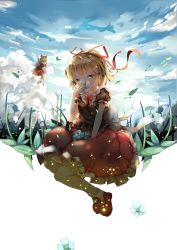 Rule 34 | 1girl, backlighting, blonde hair, blue eyes, blush, cloud, covering own mouth, fairy, fairy wings, flower, hair ornament, hair ribbon, highres, lily of the valley, looking at viewer, mary janes, medicine melancholy, puffy sleeves, ribbon, shirt, shoes, short hair, short sleeves, sitting, skirt, sky, smile, socks, solo, su-san, teeth (artist), touhou, white socks, wings