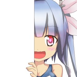 Rule 34 | 10s, 1girl, :d, blue hair, hair ornament, hair ribbon, i-19 (kancolle), kantai collection, looking at viewer, nagineko, open mouth, peeking out, red eyes, ribbon, school swimsuit, smile, solo, swimsuit, symbol-shaped pupils, transparent background