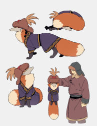 Rule 34 | 1boy, animal, arm at side, black hair, braid, braided ponytail, brown headwear, clothed animal, covered mouth, cropped legs, eyeliner, fox, fur hat, gloves, grey background, hair over shoulder, hair ribbon, hat, hat feather, highres, holding, holding animal, kenkon no washi, li sakura, long hair, long sleeves, looking to the side, lying, makeup, male focus, mask, mouth mask, multiple views, one eye covered, outstretched arm, profile, red ribbon, ribbon, robe, sash, simple background, single braid, standing, sweat