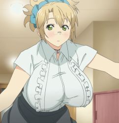 Rule 34 | 1girl, animated, animated gif, bent over, black skirt, blinking, blonde hair, blouse, blush, boku to misaki-sensei, bouncing breasts, breasts, ceiling, character request, choker, frills, glasses, green eyes, hairband, huge breasts, indoors, jewelry, looking at viewer, misaki-sensei, nipples, out of frame, pencil skirt, shirt, short sleeves, skirt, solo, standing, stitched, takami akio, third-party edit, upper body