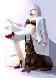Rule 34 | azur lane, bangle, black bra, black footwear, blue eyes, bra, bracelet, breasts, chain, chain leash, cleavage, crossed legs, dog, double-parted bangs, earrings, formal, high heels, highres, holding, holding leash, jewelry, leash, looking at viewer, midriff, navel, necomilk, open clothes, pants, red lips, short hair, simple background, sitting, suit, tirpitz (azur lane), underwear, white background, white hair, white pants, white suit