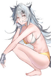 1girl absurdres alternate_costume animal_ears arknights bikini breasts commentary false_smile fingerless_gloves from_side full_body gloves grey_bikini grey_eyes grey_gloves grey_hair hair_between_eyes hair_ornament hairclip head_rest highres lappland_(arknights) long_hair looking_at_viewer medium_breasts navel puranetto_(vjun4748) scar scar_across_eye simple_background smile solo squatting swimsuit white_background wolf_ears wolf_girl yellow_bikini