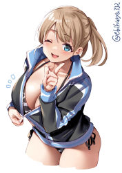 Rule 34 | 1girl, alternate costume, bikini, bikini under clothes, blue eyes, blush, breasts, brown hair, cleavage, commentary request, cowboy shot, cropped legs, ebifurya, highres, intrepid (kancolle), jacket, kantai collection, large breasts, long sleeves, looking at viewer, no pants, one eye closed, open mouth, ponytail, short hair, side-tie bikini bottom, simple background, smile, solo, string bikini, striped, swimsuit, swimsuit under clothes, twitter username, unzipped, white background