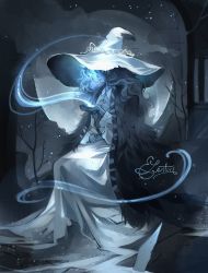 Rule 34 | 1girl, blue hair, blue skin, cloak, closed mouth, colored skin, dress, elden ring, elentori, extra arms, extra faces, from side, full moon, fur cloak, hands up, hat, highres, long dress, magic, moon, ranni the witch, signature, sitting, solo, white dress, white hat, witch hat