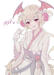 Rule 34 | 1girl, bat wings, blonde hair, bow, fang, flower, frills, gloves, granblue fantasy, hair flower, hair ornament, twirling hair, head wings, highres, japanese clothes, kimono, long hair, long sleeves, looking at viewer, open mouth, pointy ears, post guild war celebration, red eyes, solo, vampire, vampy, white gloves, wide sleeves, wings, yukata, yuntae