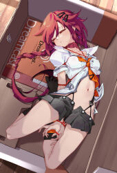Rule 34 | 1girl, absurdres, bdsm, bondage, bound, box, breasts, cable tie, cardboard box, choujigen game neptune, closed eyes, commentary request, copyright name, full body, game console, hair ornament, hairclip, highres, in box, in container, linxi, long hair, medium breasts, navel, necktie, neptune (series), no humans, orange necktie, parted lips, red hair, sega, sega dreamcast, shibari, shin jigen game neptune vii, shirt, short sleeves, skirt, solo, stomach, suspender skirt, suspenders, tennouboshi uzume, unconscious, white shirt