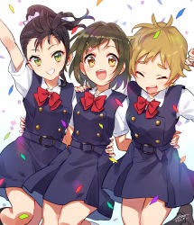 Rule 34 | 3girls, ^ ^, arm around waist, arm up, blush, bow, bowtie, brown hair, closed eyes, collared shirt, commentary request, confetti, dress, green eyes, green hair, highres, looking at viewer, multiple girls, open mouth, original, pinafore dress, red neckwear, shiny skin, shirt, short hair, short sleeves, sleeveless dress, teeth, tongue, upper teeth only, wedo, white background, yellow eyes