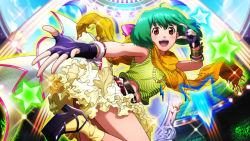 Rule 34 | 1girl, :d, \m/, ahoge, bangle, bracelet, fingerless gloves, from below, game cg, gloves, green hair, jewelry, looking back, macross, macross frontier, midriff peek, necklace, open mouth, outstretched arm, ranka lee, red eyes, scarf, short hair, skirt, smile, solo, uta macross sumaho deculture