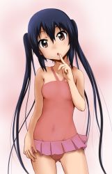 Rule 34 | 1girl, bad id, bad pixiv id, bare shoulders, black hair, blush, brown eyes, covered navel, finger to mouth, gaku (pixiv), gaku (wheel of lunokhod), head tilt, k-on!, long hair, nakano azusa, one-piece swimsuit, open mouth, pink one-piece swimsuit, solo, swimsuit, twintails