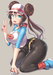 Rule 34 | 1girl, adapted costume, alternate eye color, arched back, ass, blush, breasts, brown hair, covered navel, creatures (company), crop top, double bun, game freak, hair bun, hat, highleg, hip focus, holding, holding poke ball, impossible clothes, impossible shirt, kneeling, large breasts, looking at viewer, micro shorts, microskirt, nagase haruhito, nintendo, open mouth, pantyhose, poke ball, pokemon, pokemon bw2, rosa (pokemon), shirt, shoes, shorts, simple background, skirt, sneakers, solo, thick thighs, thighs, twintails, v, visor cap, white background, wide hips