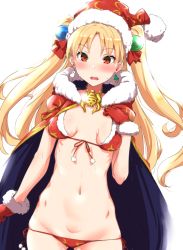 Rule 34 | 1girl, bikini, blonde hair, blush, breasts, cape, christmas, clearite, cowboy shot, earrings, ereshkigal (fate), fate/grand order, fate (series), front-tie bikini top, front-tie top, fur trim, glint, gloves, gluteal fold, hair ornament, hand on own chest, hat, hood, hoodie, jewelry, long hair, looking at viewer, lowleg, lowleg bikini, navel, open mouth, red bikini, red eyes, red gloves, santa hat, side-tie bikini bottom, simple background, small breasts, solo, sweatdrop, swimsuit, tohsaka rin, two side up, white background
