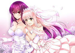 Rule 34 | 2girls, :d, absurdres, alternate costume, arm hug, bare shoulders, blunt bangs, blush, breasts, bridal veil, cleavage, clothing cutout, couple, dress, fate/grand order, fate (series), female focus, flower, formal, gloves, gu li, highres, hug, large breasts, long hair, medb (fate), multiple girls, navel, navel cutout, off-shoulder dress, off shoulder, open mouth, petals, pink dress, pink gloves, pink hair, purple hair, red eyes, rose, scathach (fate), sidelocks, smile, strapless, strapless dress, tiara, type-moon, veil, wedding dress, white dress, white flower, white gloves, white rose, wife and wife, yellow eyes, yuri