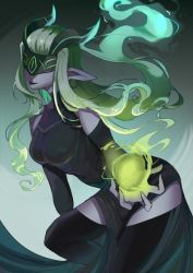Rule 34 | 1girl, afk arena, bare shoulders, black dress, breasts, bridal gauntlets, detached sleeves, dress, earrings, energy ball, floating hair, green hair, horned mask, jewelry, magic, mask, pointy ears, purple lips, resized, shemira, solo, thighhighs, turtleneck