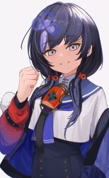 Rule 34 | 1girl, absurdres, black hair, black skirt, blue jacket, blue neckerchief, blue sailor collar, buttons, clenched hand, commentary, gradient jacket, grey eyes, hair ornament, hand up, highres, jacket, long hair, long sleeves, looking at viewer, neckerchief, nijisanji, open clothes, open jacket, parted lips, ponto nei, red jacket, sailor collar, senzaicha kasukadoki, shirt, simple background, skirt, smile, solo, upper body, virtual youtuber, white background, white shirt