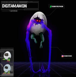 Rule 34 | claws, colored skin, digimon, digimon (creature), digitamamon, egg, glowing, glowing eyes, green skin, highres, looking at viewer, red eyes, shadow, solo, yellow eyes