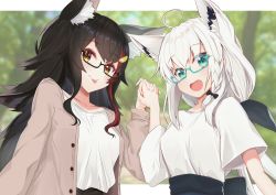 Rule 34 | 2girls, absurdres, ahoge, animal ear fluff, animal ears, beige jacket, black hair, blurry, blurry background, borumete, bow, braid, breasts, commentary request, earrings, fox ears, fox girl, glasses, green eyes, hair between eyes, hair bow, hair ornament, hairclip, highres, holding hands, hololive, jacket, jewelry, long hair, looking at viewer, multicolored hair, multiple girls, ookami mio, open clothes, open jacket, open mouth, red hair, shirakami fubuki, shirt, short sleeves, sidelocks, single braid, small breasts, tongue, tongue out, two-tone hair, virtual youtuber, white hair, white shirt, wolf ears, wolf girl, yellow eyes