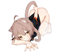 Rule 34 | 1girl, absurdres, ahoge, all fours, animal ears, annin miru, annin miru channel, arm behind back, ass, black shirt, bottomless, brown hair, cat ears, cat tail, closed mouth, commentary request, eyes visible through hair, full body, hair between eyes, highres, looking at viewer, no shoes, paw print, rika (mikunopantsu), shirt, short sleeves, sleeve cuffs, solo, tail, tail grab, thighhighs, top-down bottom-up, virtual youtuber, white background, white thighhighs, yellow eyes
