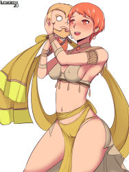 Rule 34 | 1girl, arm up, armlet, artist name, blush, bracelet, breasts, cameltoe, cleavage, cleft of venus, dancer, doll, dress, covered erect nipples, female focus, fire emblem, fire emblem: three houses, highres, holding, jeralt reus eisner, jewelry, leonie pinelli, lumarianne20, matching hair/eyes, medium breasts, necklace, nintendo, open mouth, orange eyes, orange hair, short hair, simple background, solo, thick thighs, thighs, white background