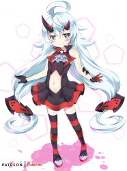 Rule 34 | 1girl, ahoge, artist name, asymmetrical horns, bare shoulders, blood embrace, blue eyes, catstudioinc (punepuni), clothing cutout, commentary, dress, english commentary, fang, fang out, full body, gloves, half gloves, honkai (series), honkai impact 3rd, horns, long hair, looking at viewer, navel, navel cutout, o-ring, patreon username, simple background, skin fang, smile, solo, splatter, striped clothes, striped thighhighs, thighhighs, very long hair, white hair