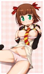 Rule 34 | 1girl, amami haruka, blush, bottomless, breasts, breasts out, brown hair, cameltoe, cleft of venus, green eyes, highres, idolmaster, idolmaster (classic), navel, panties, pussy, pussy juice, see-through, short hair, solo, ttomm, underwear, wet, wet clothes, wet panties