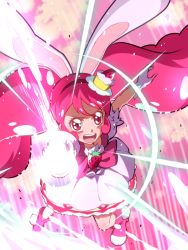 Rule 34 | 10s, 1girl, angry, animal ears, bow, rabbit ears, cake hair ornament, cure whip, dress, food-themed hair ornament, from above, gloves, hair ornament, hairband, kirakira precure a la mode, long hair, looking at viewer, magical girl, open mouth, pink background, pink bow, pink eyes, pink footwear, pink hair, precure, serious, shoes, solo, tj-type1, twintails, usami ichika, white dress, white gloves