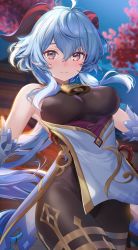 Rule 34 | 1girl, absurdres, ahoge, bare shoulders, bell, blue hair, blurry, blurry background, blush, bodystocking, breasts, closed mouth, cowbell, cowboy shot, depth of field, detached sleeves, ganyu (genshin impact), genshin impact, highres, horns, large breasts, long hair, looking at viewer, low ponytail, night, outdoors, purple eyes, seicoh, sidelocks, smile, solo, very long hair