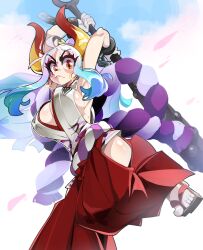 1girl absurdres arms_up bongfill breasts cleavage closed_mouth club club_(weapon) curled_horns earrings green_hair hakama hakama_pants highres holding holding_club holding_weapon hoop_earrings horns japanese_clothes jewelry kanabou kimono large_breasts long_eyelashes long_hair looking_at_viewer multicolored_hair multicolored_horns one_piece oni pants red_hakama red_horns rope sandals shimenawa sideboob sleeveless sleeveless_kimono solo v-shaped_eyebrows weapon white_hair yamato_(one_piece) yellow_horns