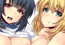 Rule 34 | 10s, 2girls, alternate costume, areola slip, atago (kancolle), black hair, blonde hair, breasts, cleavage, eyebrows, green eyes, kantai collection, large breasts, multiple girls, open mouth, red eyes, shinshin, takao (kancolle), tongue, tongue out