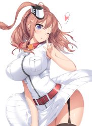 Rule 34 | 10s, 1girl, anchor, belt, belt buckle, blouse, blue eyes, blush, breast pocket, breasts, brown hair, buckle, commentary request, finger to mouth, garter straps, heart, impossible clothes, impossible shirt, kantai collection, large breasts, long hair, looking at viewer, nakano sora, neckerchief, one eye closed, pocket, red belt, red neckerchief, saratoga (kancolle), shirt, side ponytail, simple background, skirt, smokestack, solo, spoken heart, thighhighs, white background, white shirt, white skirt, wind, wind lift