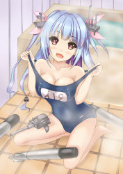 Rule 34 | 10s, 1girl, bad id, bad pixiv id, bathroom, bathtub, blue hair, breasts, clothes pull, fang, hair ornament, hair ribbon, i-19 (kancolle), kantai collection, large breasts, long hair, name tag, one-piece swimsuit, one-piece swimsuit pull, open mouth, personification, red eyes, ribbon, school swimsuit, smile, solo, star-shaped pupils, star (symbol), swimsuit, symbol-shaped pupils, terakoya, torpedo, twintails, water