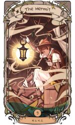 1boy absurdres barefoot brown_hat brown_vest card_(medium) character_name closed_eyes commentary_request crate curtains cymlim english_text hat hat_feather highres holding holding_lantern knee_up korean_commentary korean_text lantern male_focus pinocchio pinocchio_(character) shirt short_sleeves shorts sitting smoke solo tarot tarot_(medium) the_hermit_(tarot) translation_request vest white_shirt white_shorts