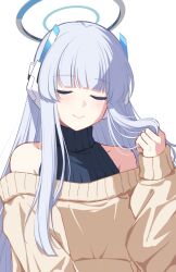 Rule 34 | 1girl, alternate costume, blue archive, blunt bangs, casual, closed eyes, halo, headgear, highres, long hair, long sleeves, looking at viewer, noa (blue archive), playing with own hair, reia 76, ribbed sweater, sidelocks, simple background, smile, solo, sweater, turtleneck, turtleneck sweater, white background, white hair