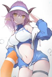 Rule 34 | 1girl, animal ears, arknights, bare shoulders, bikini, blue jacket, breasts, bubble, clenched teeth, cow ears, cow girl, cow horns, cowboy shot, hair between eyes, highres, holding, holding swim ring, horns, innertube, jacket, large breasts, long hair, matchadzuke, navel, official alternate costume, open clothes, open jacket, parted lips, ponytail, purple hair, salute, sideroca (arknights), sideroca (light breeze) (arknights), simple background, solo, stomach, swim ring, swimsuit, teeth, thigh strap, white background, white bikini, yellow eyes