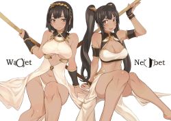 Rule 34 | 2girls, arm support, armlet, bare shoulders, blush, bracer, breasts, brown eyes, brown hair, cleavage, cleavage cutout, clothing cutout, collarbone, covered erect nipples, dark-skinned female, dark skin, egyptian, egyptian clothes, egyptian mythology, fingerless gloves, gloves, groin, hairband, highres, large breasts, long hair, looking at viewer, multiple girls, navel, nekhbet, original, polearm, ricci, short hair, sitting, smile, underwear, uraeus, wadjet (mythology), weapon, white background